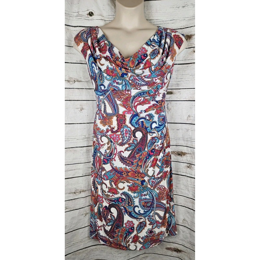 Ralph Lauren Multi Paisley Floral Ruched Dress 14 Cowl Neck Shealth Jersey Knit